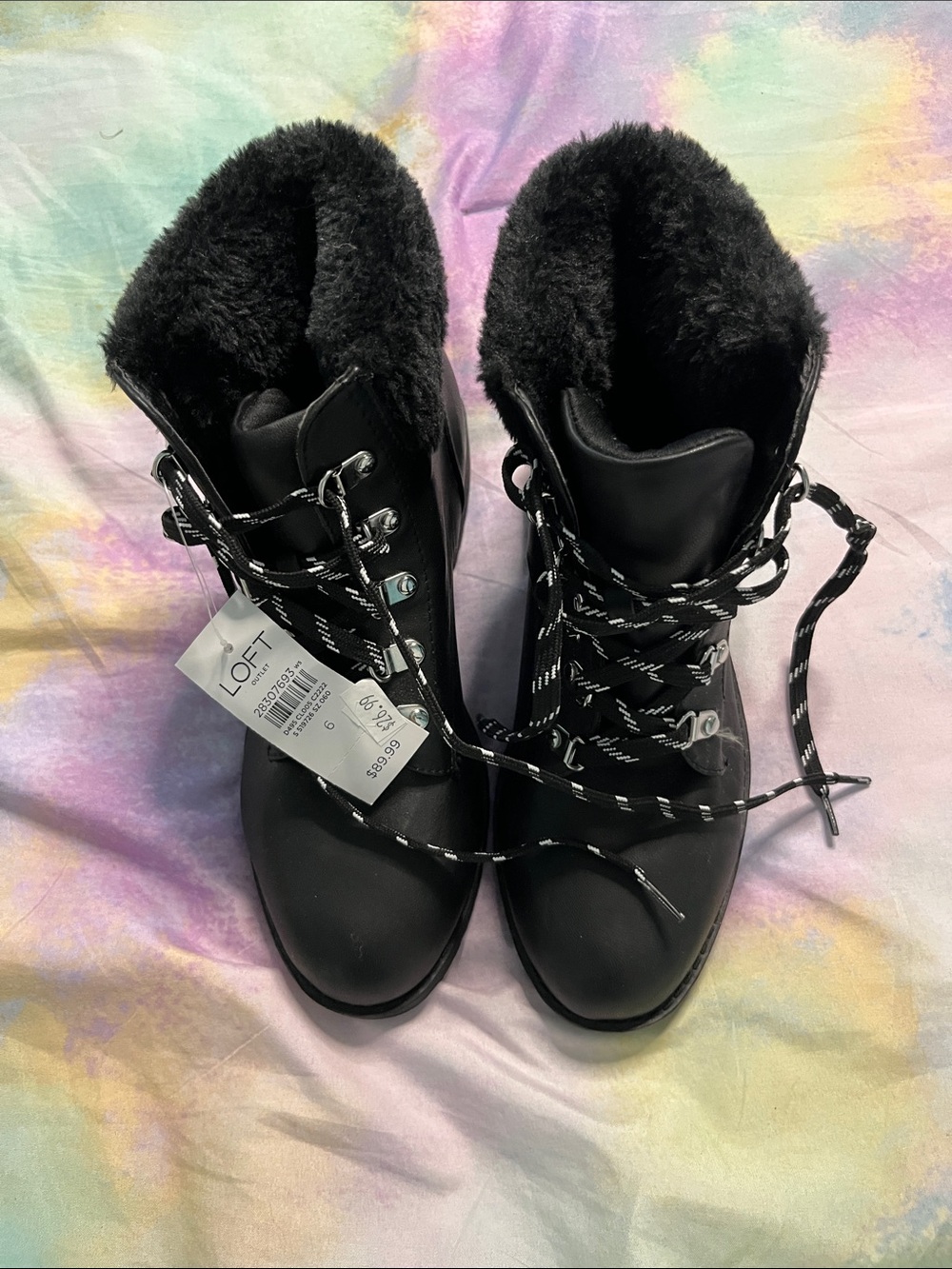 LOFT Black Lace-Up Faux-Fur Ankle Boots